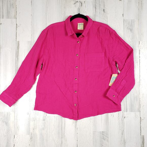 NWT There Abouts Fuchsia Gauze Long Sleeve Button Down Shirt Size 2XL 20.5 Plus - Picture 1 of 10